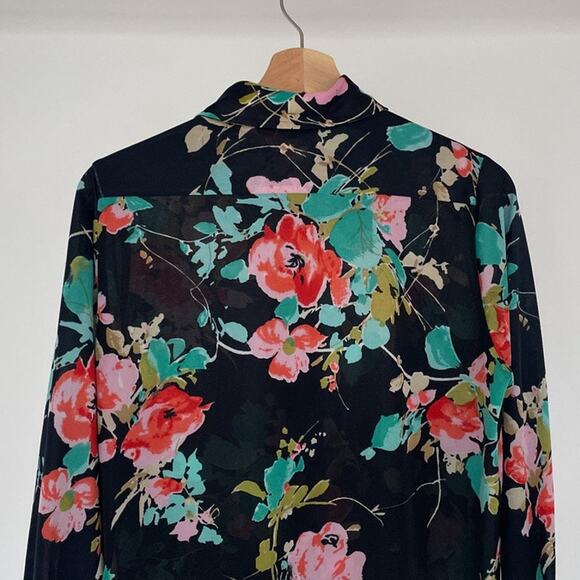 Vintage 1970's ROAMANS dark floral polyester dagger collar long sleeve blouse M - Picture 6 of 8